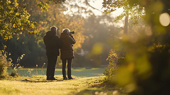 Serene Senior Couple Birdwatching in a Peaceful Park