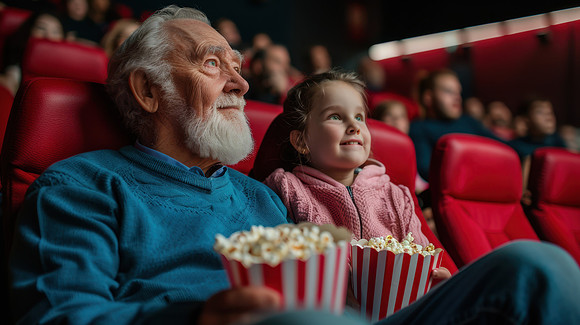 The grandfather and child at cinema