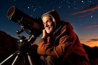Senior man looking through a telescope in the mountains at night, looking into the distance