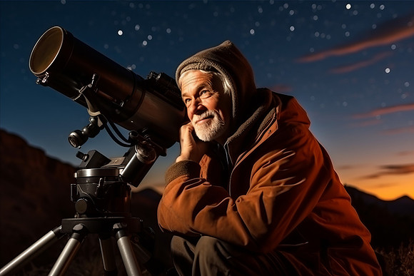 Senior man looking through a telescope in the mountains at night, looking into the distance
