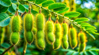 Tropical legume with fuzzy pods and vibrant green leaves, Mucuna pruriens, velvet bean, Leguminosae, plant, nature