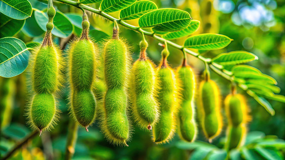 Tropical legume with fuzzy pods and vibrant green leaves, Mucuna pruriens, velvet bean, Leguminosae, plant, nature
